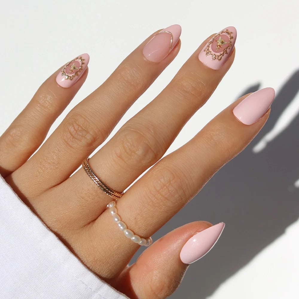 Medium Almond Nails with Gold Filigree Accents Medium Almond Nails with Gold Filigree Accents — Best Cute Almond Nails