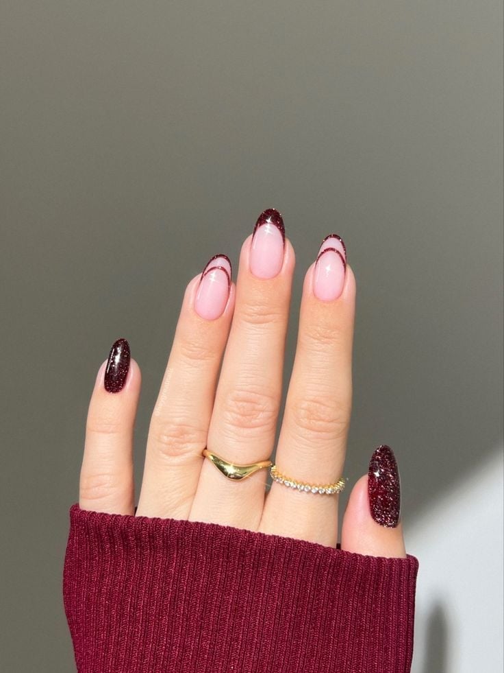 Medium Almond Nails with Burgundy Glitter French Tips Medium Almond Nails with Burgundy Glitter French Tips — Best Cute Almond Nails