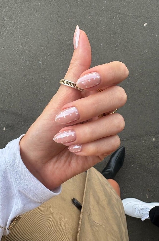 Medium Almond Nails with Glazed White Polka Dots Medium Almond Nails with Glazed White Polka Dots — Best Cute Almond Nails