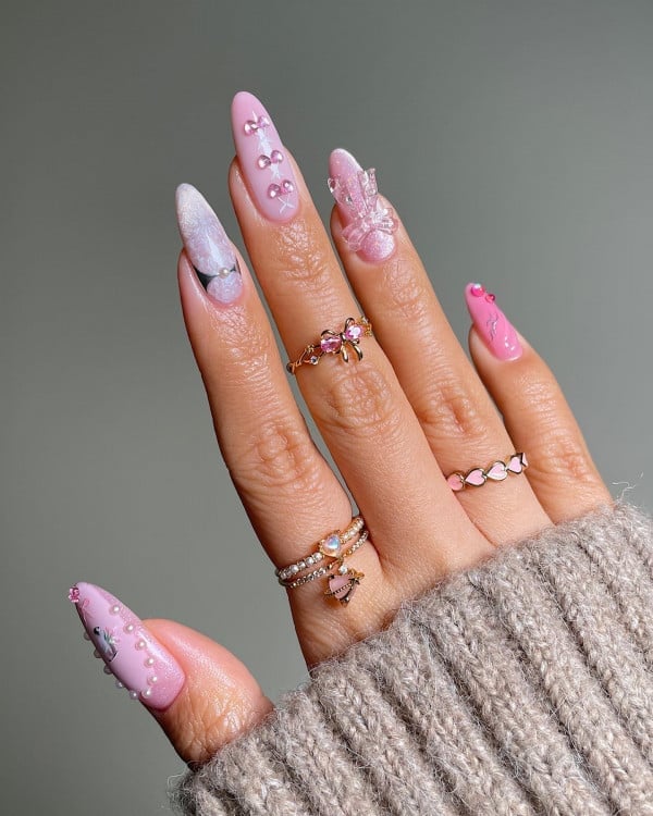 Long Almond Nails with 3D Bows and Glitter Long Almond Nails with 3D Bows and Glitter — Best Cute Almond Nails
