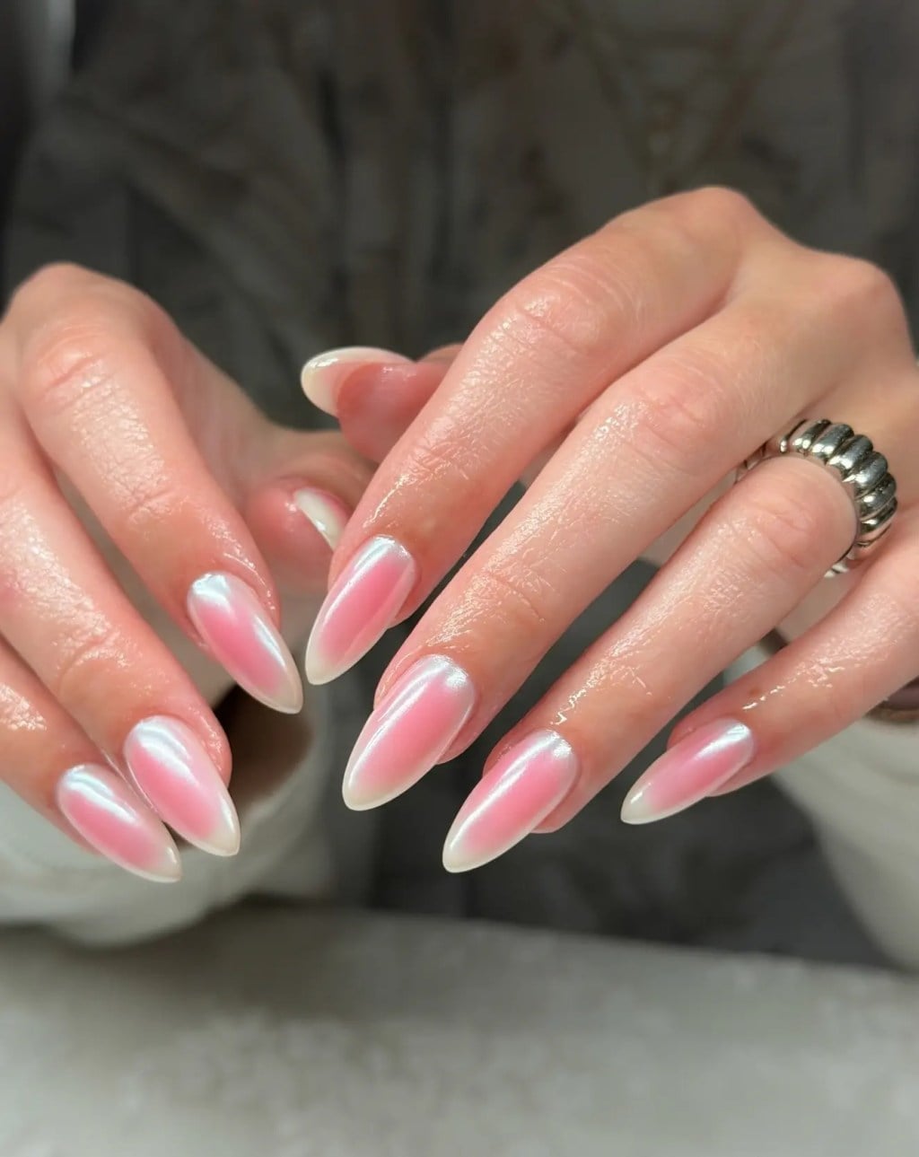 Long Almond Nails with Milky Chrome Cat-Eye Long Almond Nails with Milky Chrome Cat-Eye — Best Cute Almond Nails