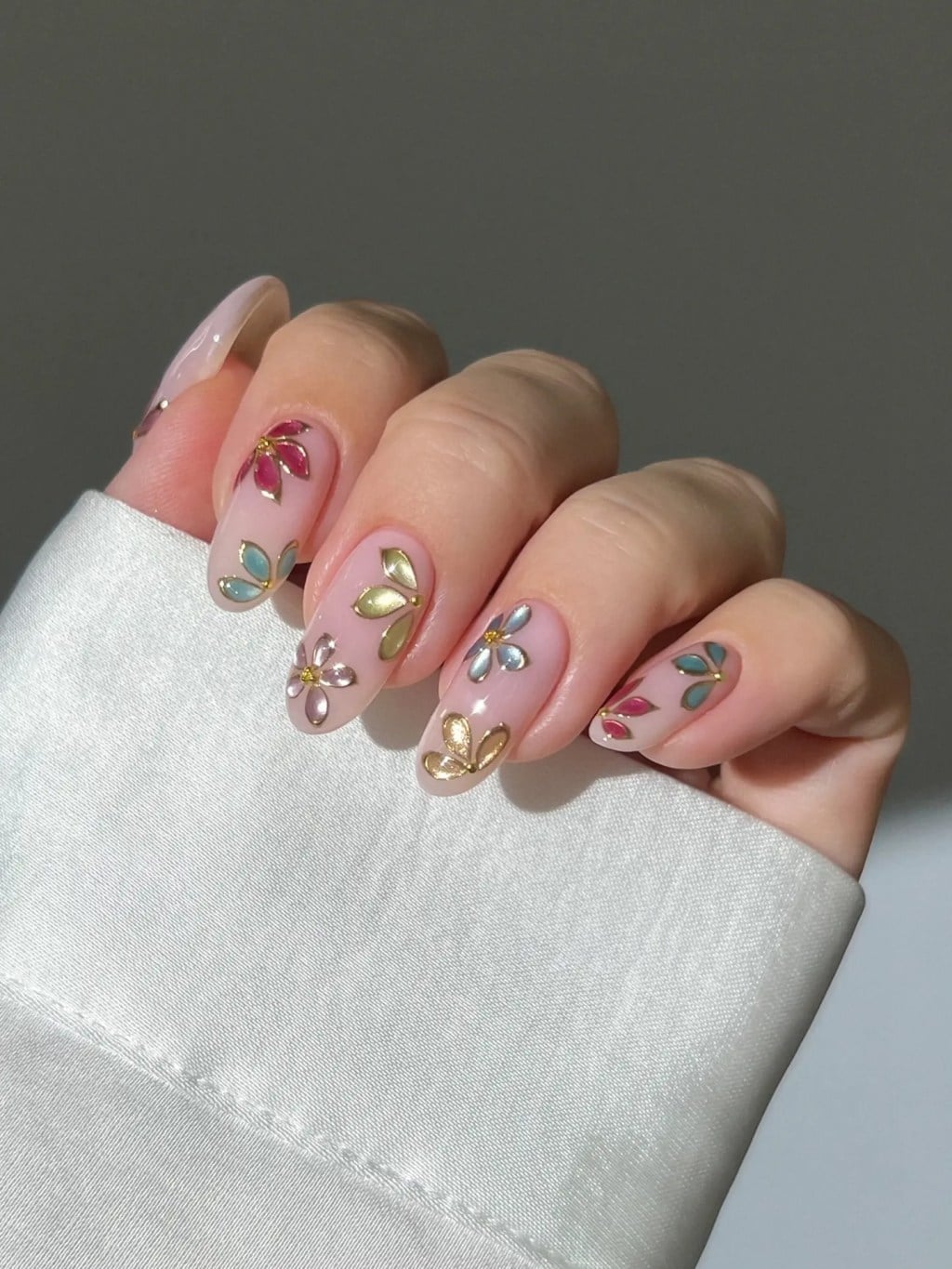 Medium Almond Nails with Metallic Flower Accents Medium Almond Nails with Metallic Flower Accents — Best Cute Almond Nails