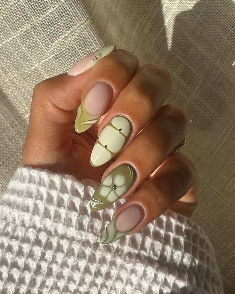 Long Almond Nails with Olive Swirls and French Tips Long Almond Nails with Olive Swirls and French Tips — Best Cute Almond Nails