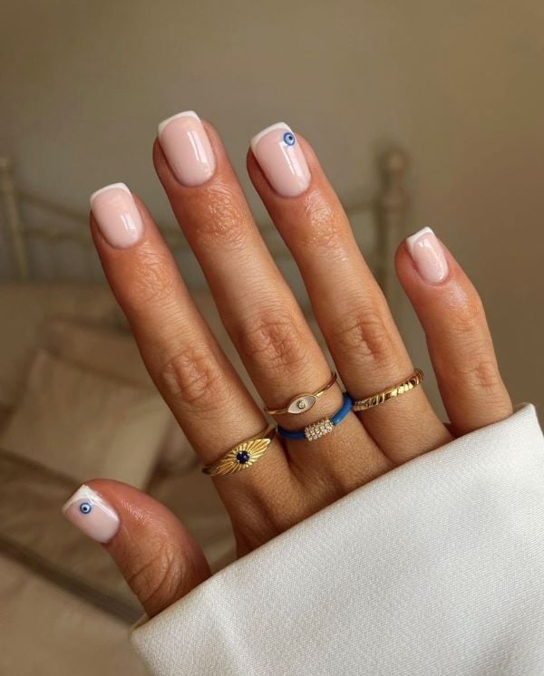 Pink French Evil Eye Short Square Nails Pink French Evil Eye Short Square Nails — Best Simple Short Nails