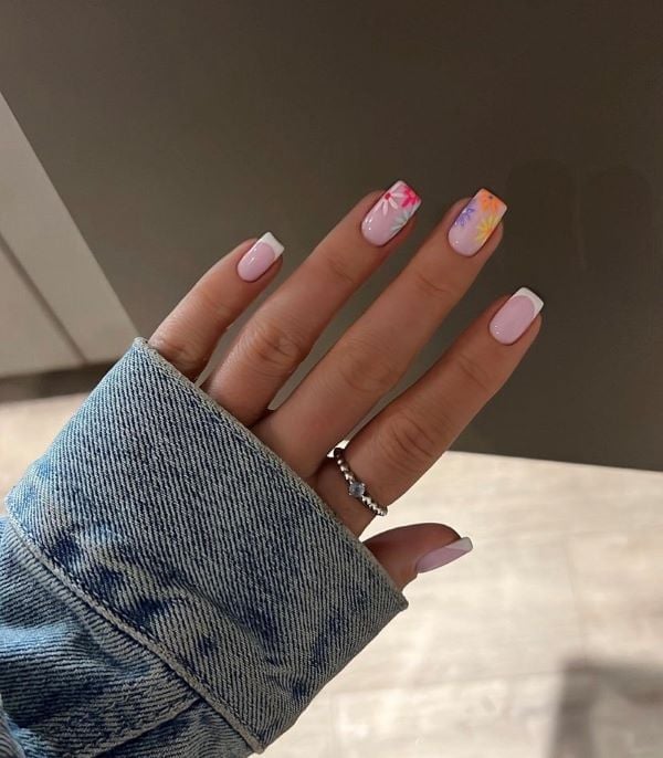 Floral Watercolor French Short Square Nails Floral Watercolor French Short Square Nails — Best Simple Short Nails