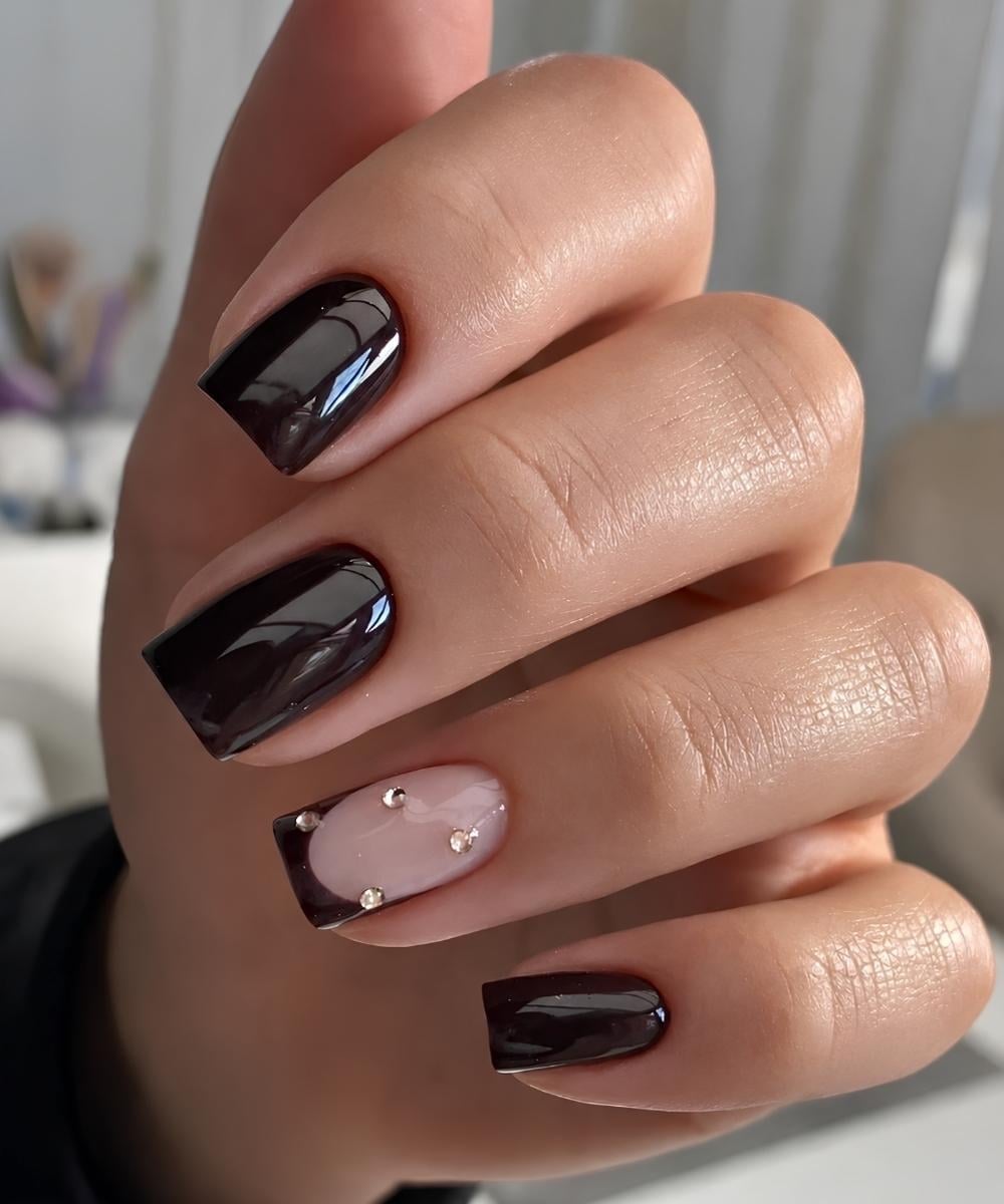 Deep Brown Rhinestone French Short Square Nails Deep Brown Rhinestone French Short Square Nails — Best Simple Short Nails