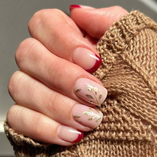 Nude Red French Gold Leaf Short Natural Nails Nude Red French Gold Leaf Short Natural Nails — Best Simple Short Nails
