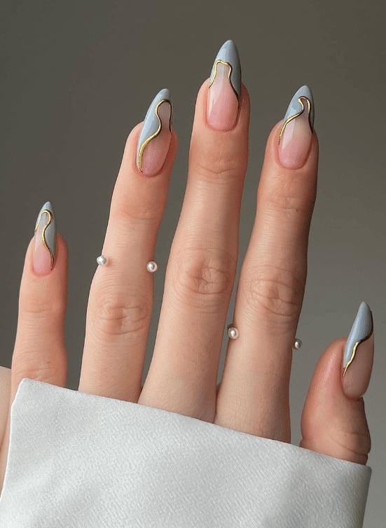 Abstract Gold Lines on Sheer Pink Blue Stiletto Nails Abstract Gold Lines on Sheer Pink Blue Stiletto Nails — Best Unique Nails