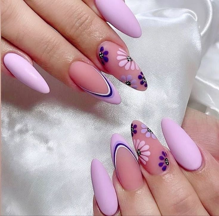 Matte Lavender Glossy Pink Flower Nails Matte Lavender Glossy Pink Flower Nails — Best Unique Nails