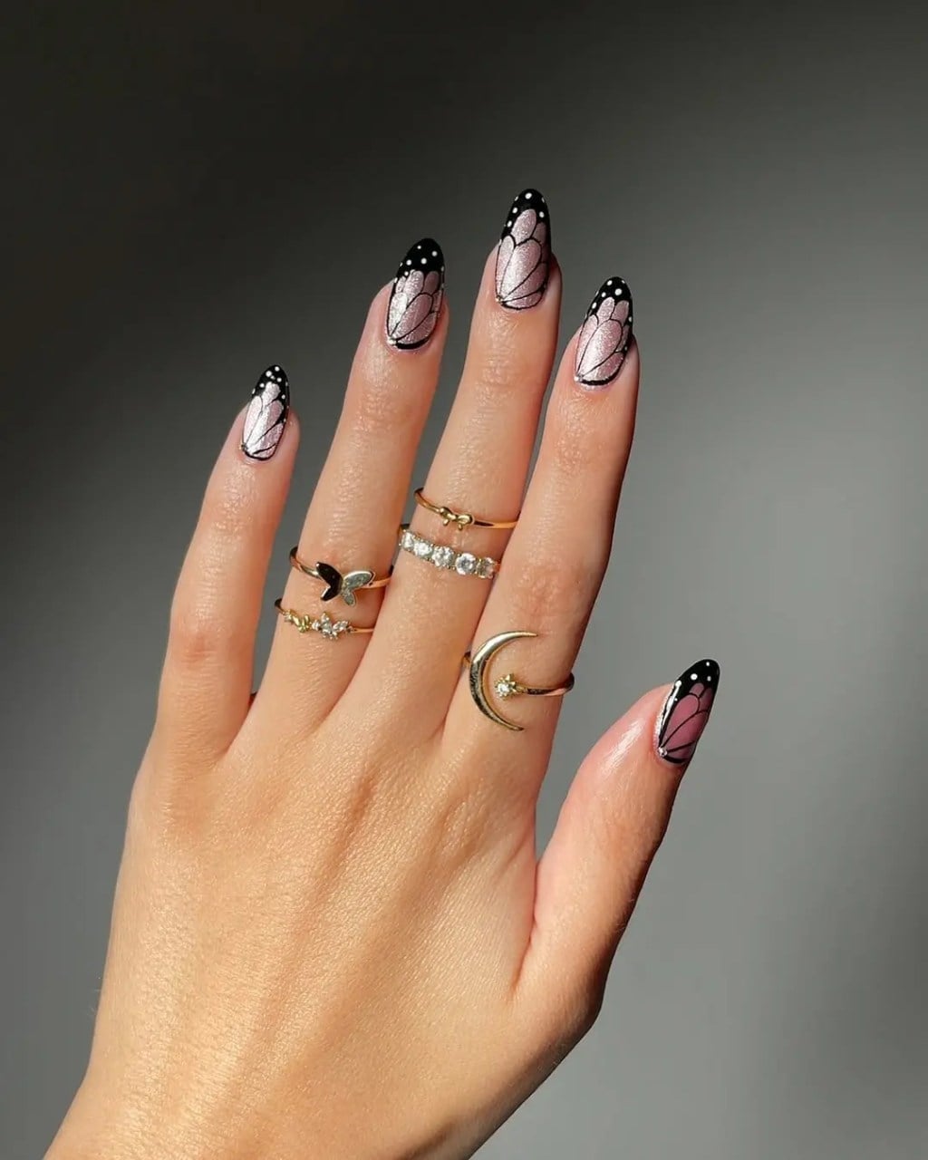 Butterfly Wing Black Pink Silver Stiletto Nails Butterfly Wing Black Pink Silver Stiletto Nails — Best Unique Nails