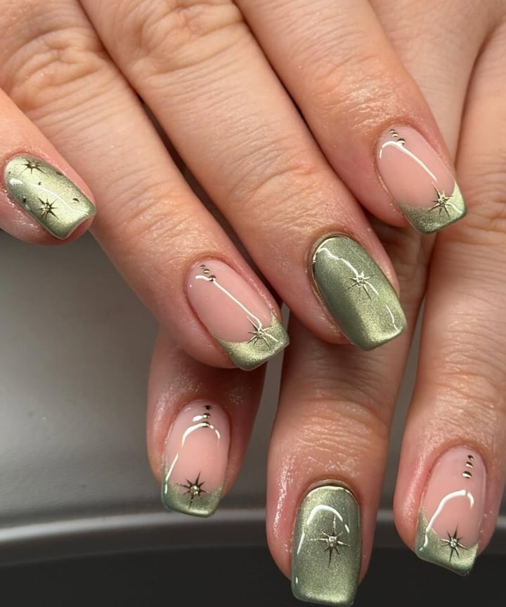 Pale Green Metallic French Tip Almond Nails Pale Green Metallic French Tip Almond Nails — Best Unique Nails