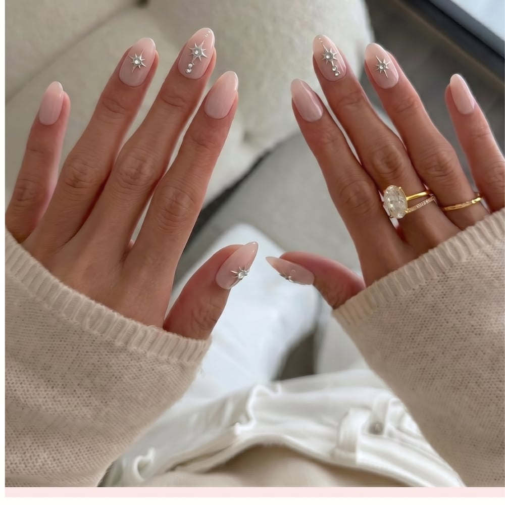 Nude Pink Oval Nails with Silver Star Accents Nude Pink Oval Nails with Silver Star Accents — Best Unique Nails