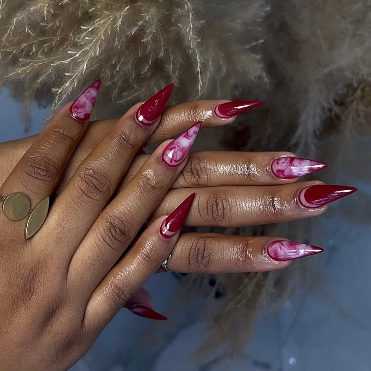 Deep Red White Marble Stiletto Nails Deep Red White Marble Stiletto Nails — Best Unique Nails