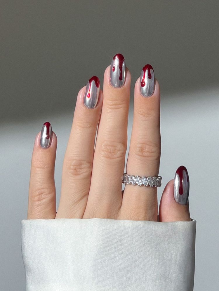 Silver Metallic Nails with Red Drip Effect Silver Metallic Nails with Red Drip Effect — Best Unique Nails