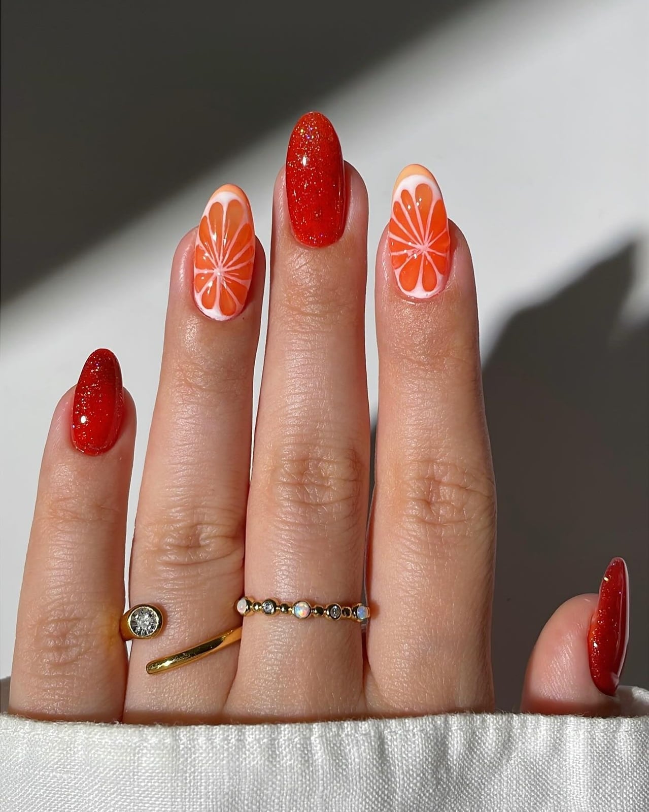 Shimmery Red Orange Slice Almond Nails Shimmery Red Orange Slice Almond Nails — Best Unique Nails