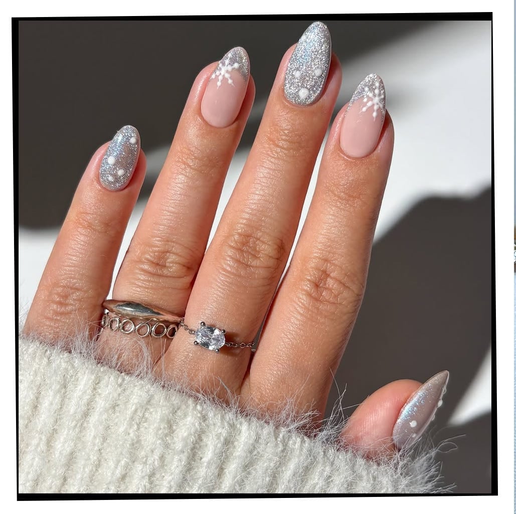 Nude Glitter Snowflake Almond Nails Nude Glitter Snowflake Almond Nails — Best Unique Nails