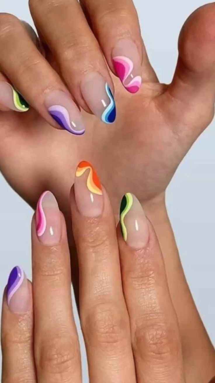Abstract Wavy Lines Medium Almond Nails Abstract Wavy Lines Medium Almond Nails — Best Unique Nails