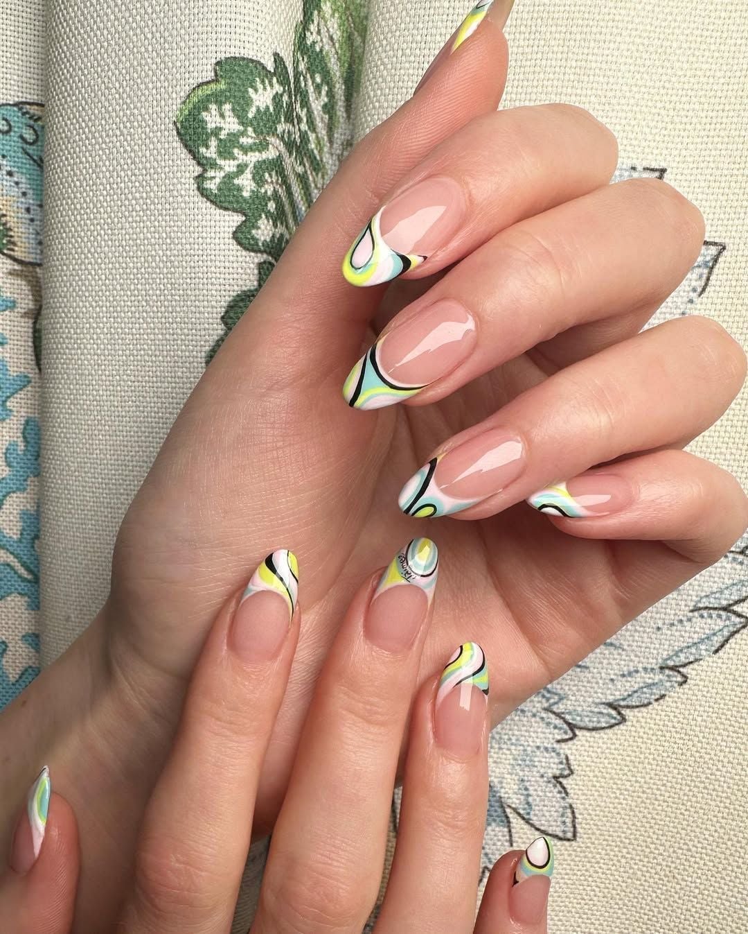 Geometric Pattern French Tip Long Almond Nails Geometric Pattern French Tip Long Almond Nails — Best Unique Nails
