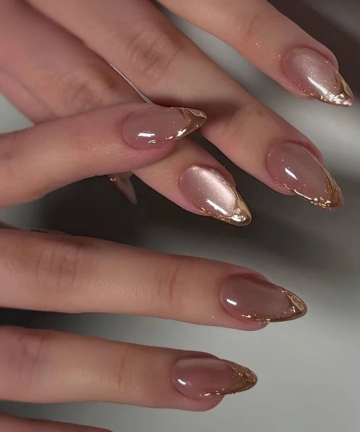 Sheer Nude Metallic Gold French Tip Almond Nails Sheer Nude Metallic Gold French Tip Almond Nails — Best Unique Nails