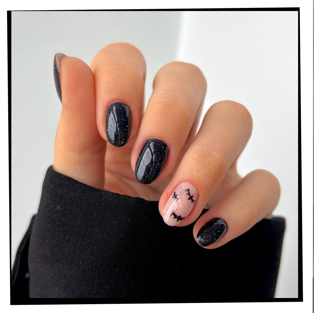 Glossy Black with Pink Bat Motif Short Oval Nails Glossy Black with Pink Bat Motif Short Oval Nails — Best Unique Nails