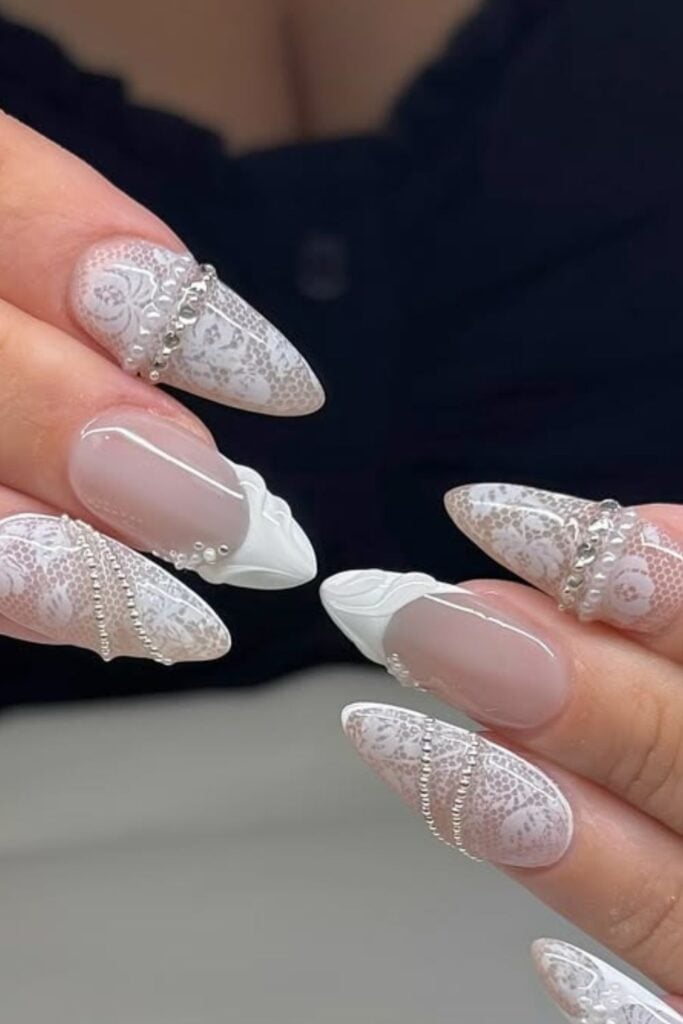 Bridal White Lace and Silver Bead Almond Nails Bridal White Lace and Silver Bead Almond Nails — Best Unique Nails