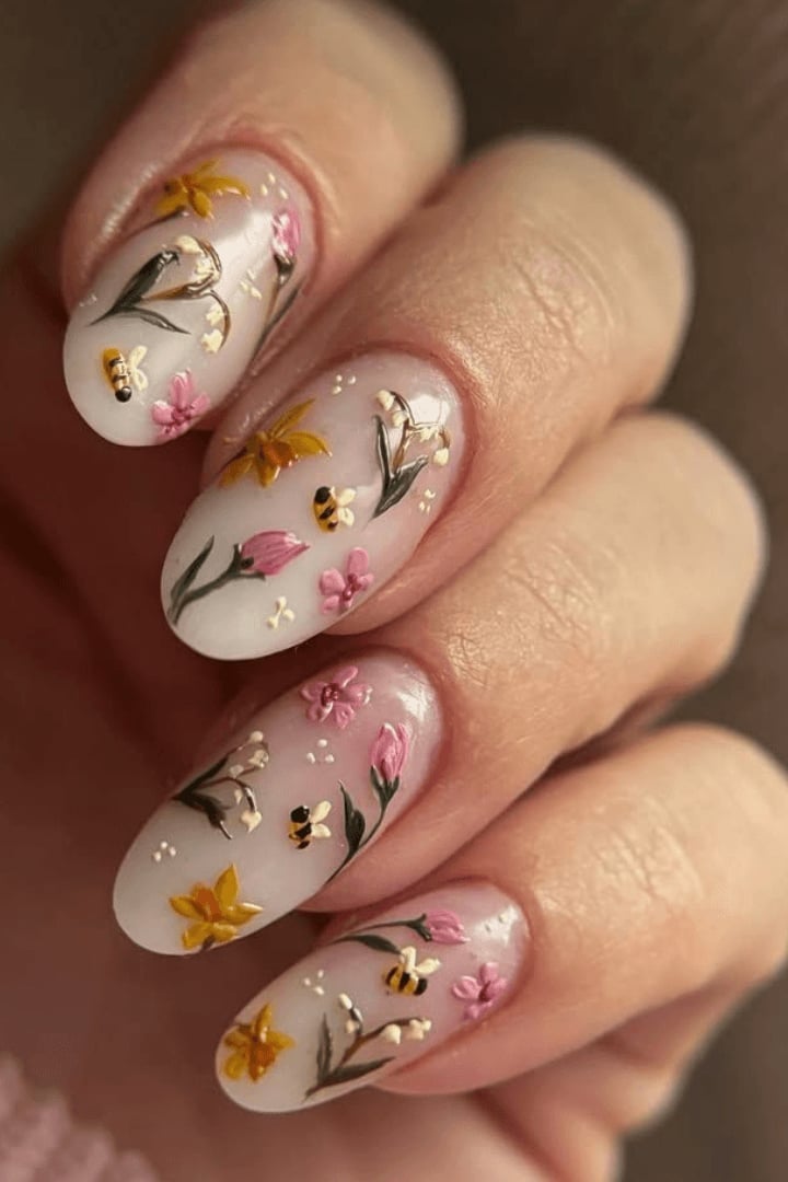 Floral and Bee Accented Oval Nails Floral and Bee Accented Oval Nails — Best Unique Nails