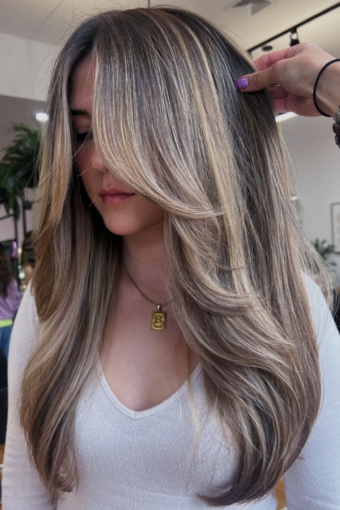 Mid-Back Layers With Ash Blonde Highlights and Curtain Bangs Mid-Back Layers With Ash Blonde Highlights and Curtain Bangs — Blonde Highlights Hair Inspiration