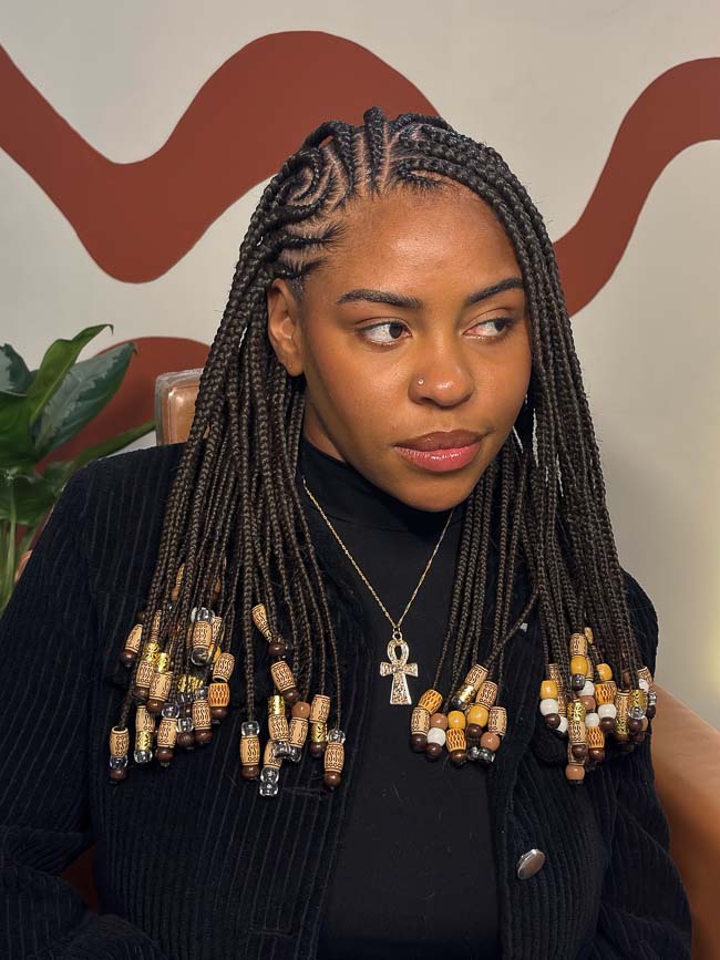 Dark Brown Box Braids with Wooden Beads Dark Brown Box Braids with Wooden Beads — Braids to the Back Ideas