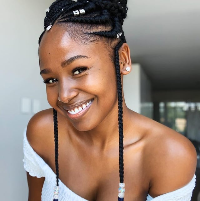 Black Braids Updo with Beaded Shoulders Black Braids Updo with Beaded Shoulders — Braids to the Back Ideas