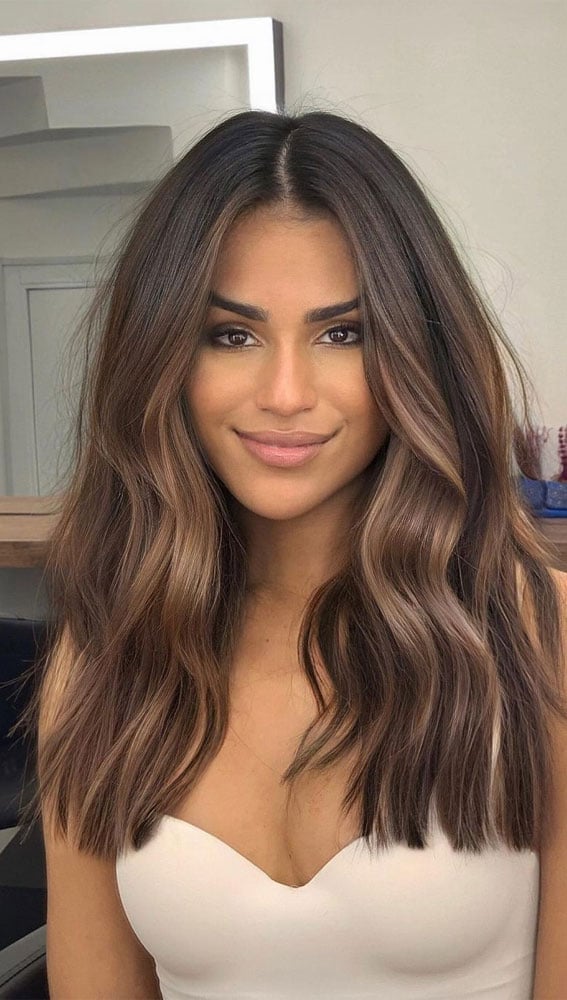 Mid-Back Length Dark Brown With Honey Highlights — Brunette Hair Inspiration