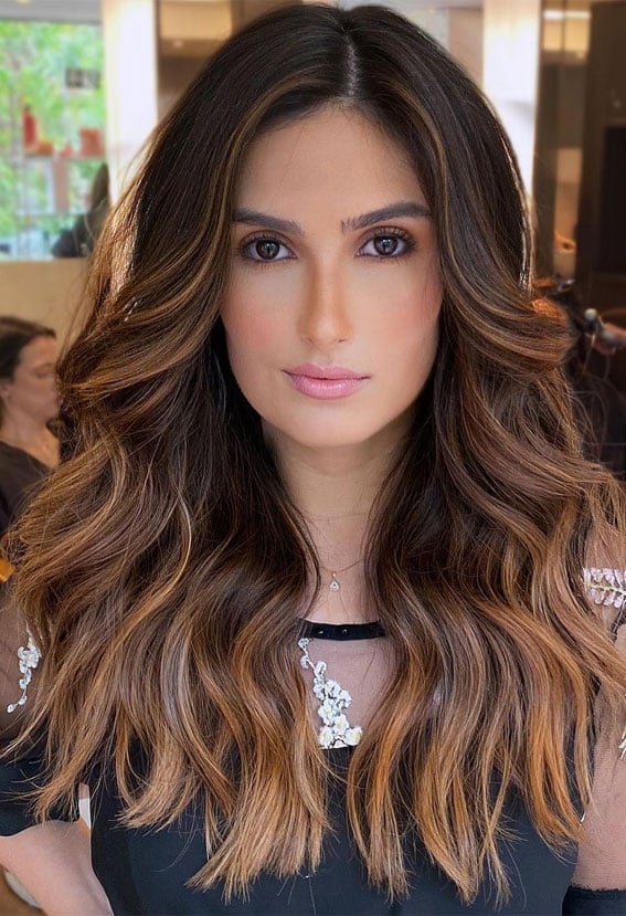 Mid-Back Deep Brown With Warm Caramel Balayage, Wavy — Brunette Hair Inspiration