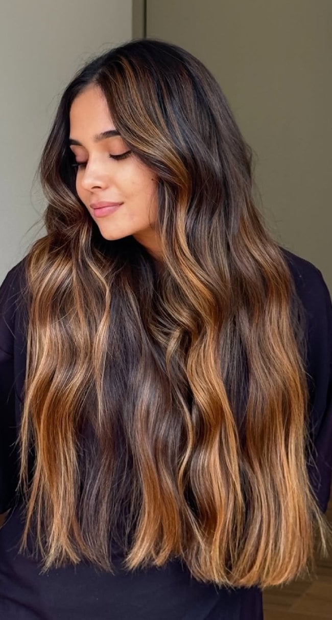 Mid-Back Dark Brown With Caramel Balayage, Close-Up Take — Brunette Hair Inspiration