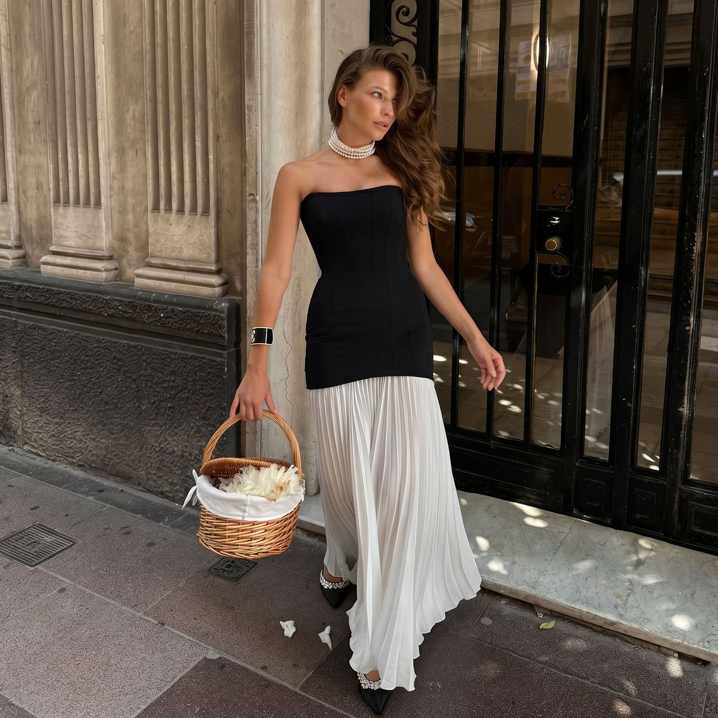 Strapless Corset with White Chiffon Column Skirt — Chic Black Corset Outfit