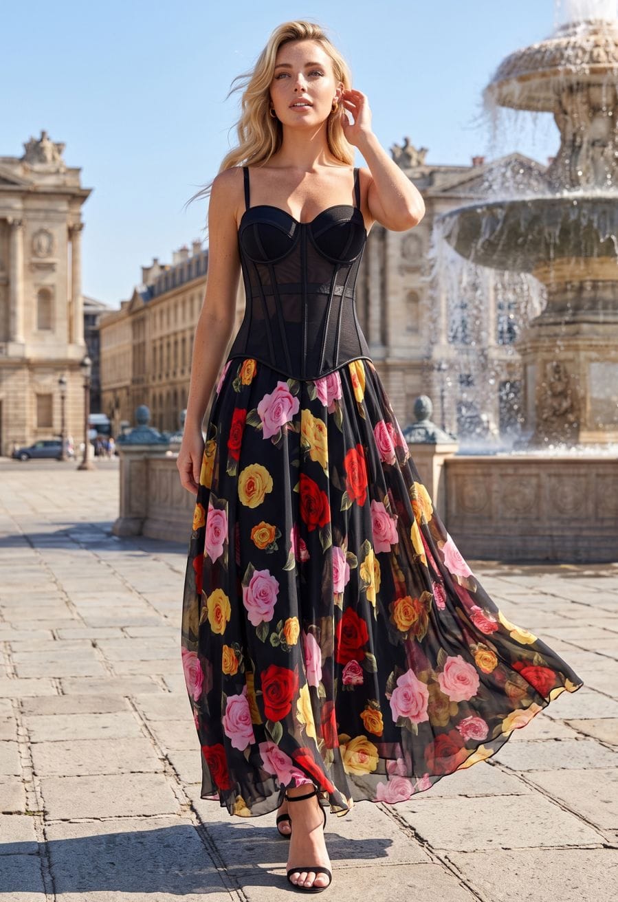 Mesh Corset with Floral Print Voluminous Skirt — Chic Black Corset Outfit