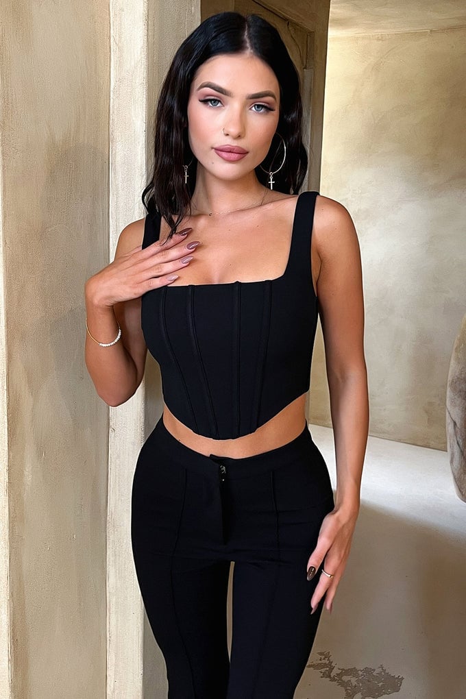 Corset Top with Square Neckline and Black Trousers — Chic Black Corset Outfit