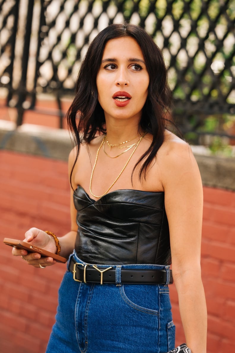 Leather Strapless Corset with High-Waisted Jeans — Chic Black Corset Outfit