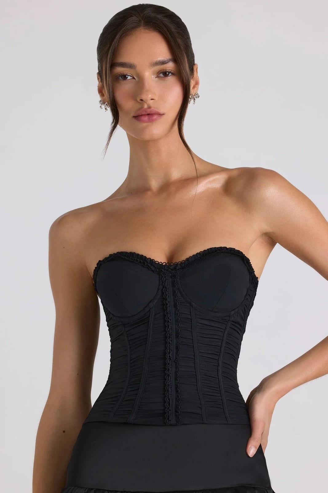 Strapless Corset Top with Ruched Detailing — Chic Black Corset Outfit