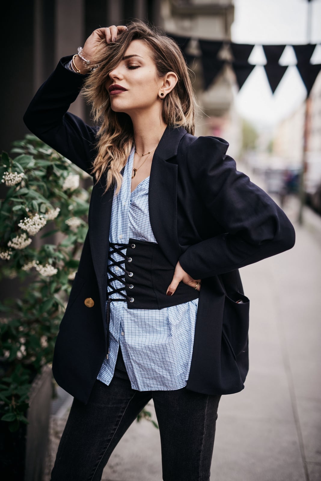 Corset Belt Over Checked Shirt with Blazer — Chic Black Corset Outfit