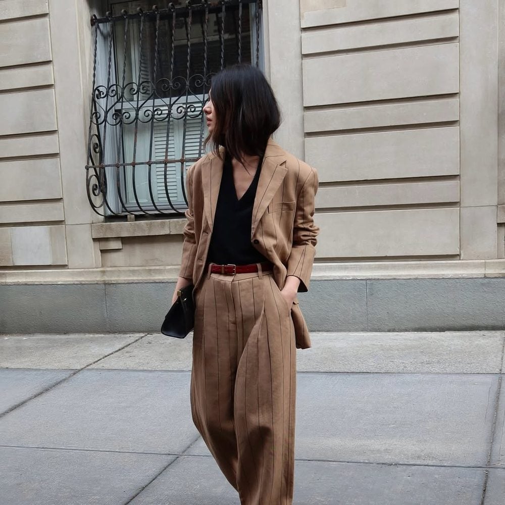 Brown Pinstripe Blazer with Black Top and Red Belt Brown Pinstripe Blazer with Black Top and Red Belt — Chic Brown Blazer Outfit