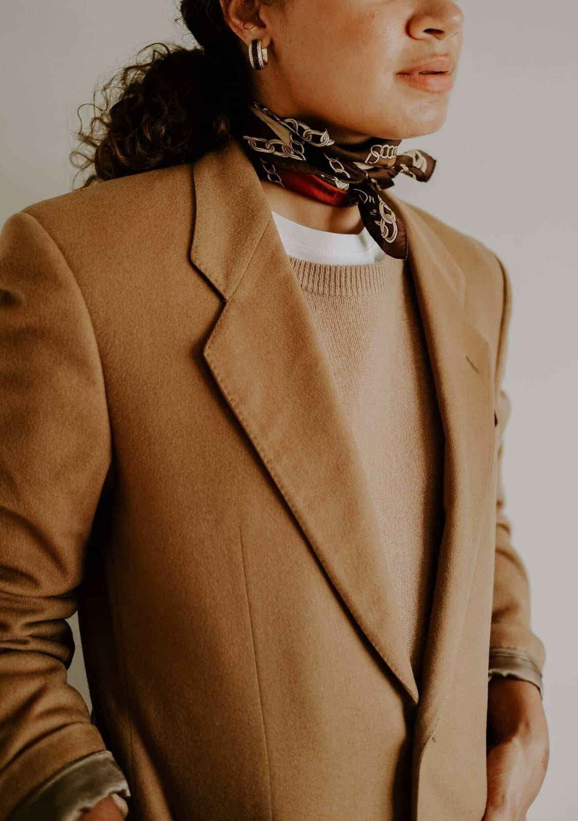 Layered Brown Blazer with Beige Sweater and Silk Scarf Layered Brown Blazer with Beige Sweater and Silk Scarf — Chic Brown Blazer Outfit