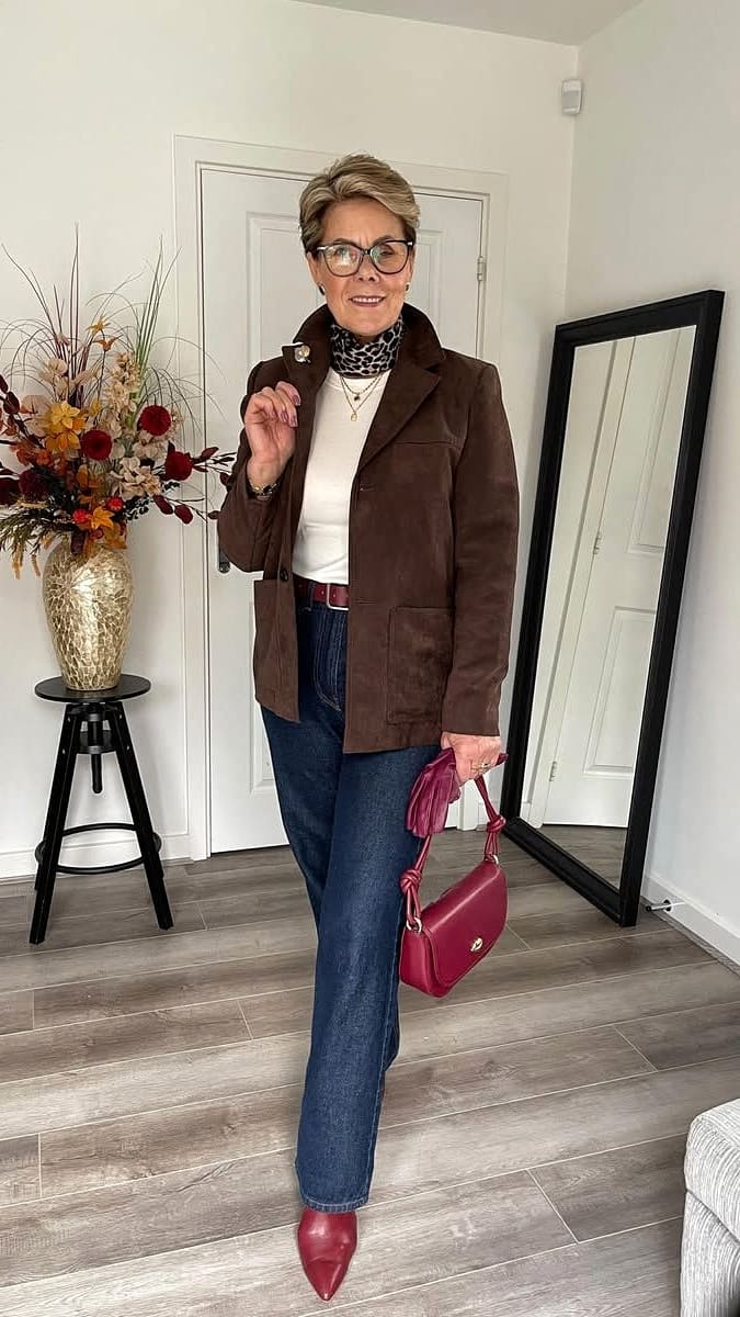 Brown Corduroy Blazer with Leopard Scarf and Red Heels Brown Corduroy Blazer with Leopard Scarf and Red Heels — Chic Brown Blazer Outfit