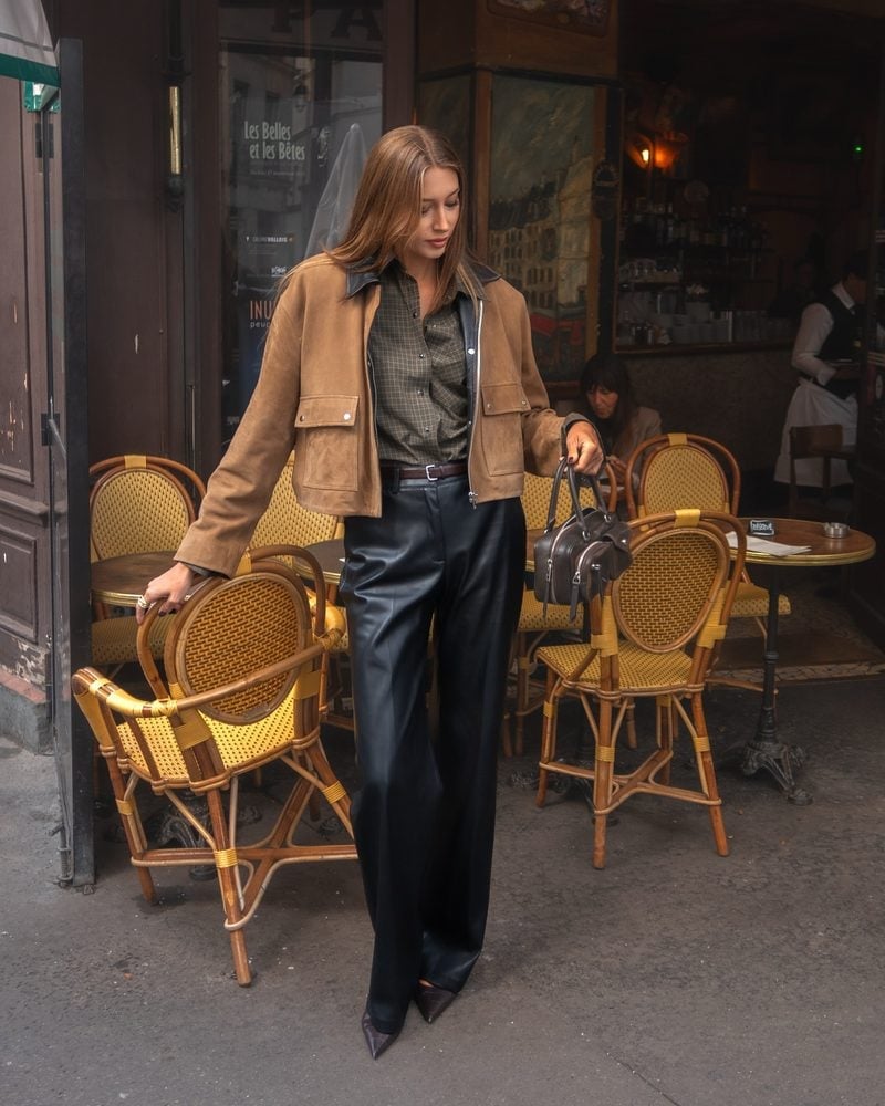 Brown Suede Jacket with Plaid Shirt and Leather Trousers Brown Suede Jacket with Plaid Shirt and Leather Trousers — Chic Brown Blazer Outfit