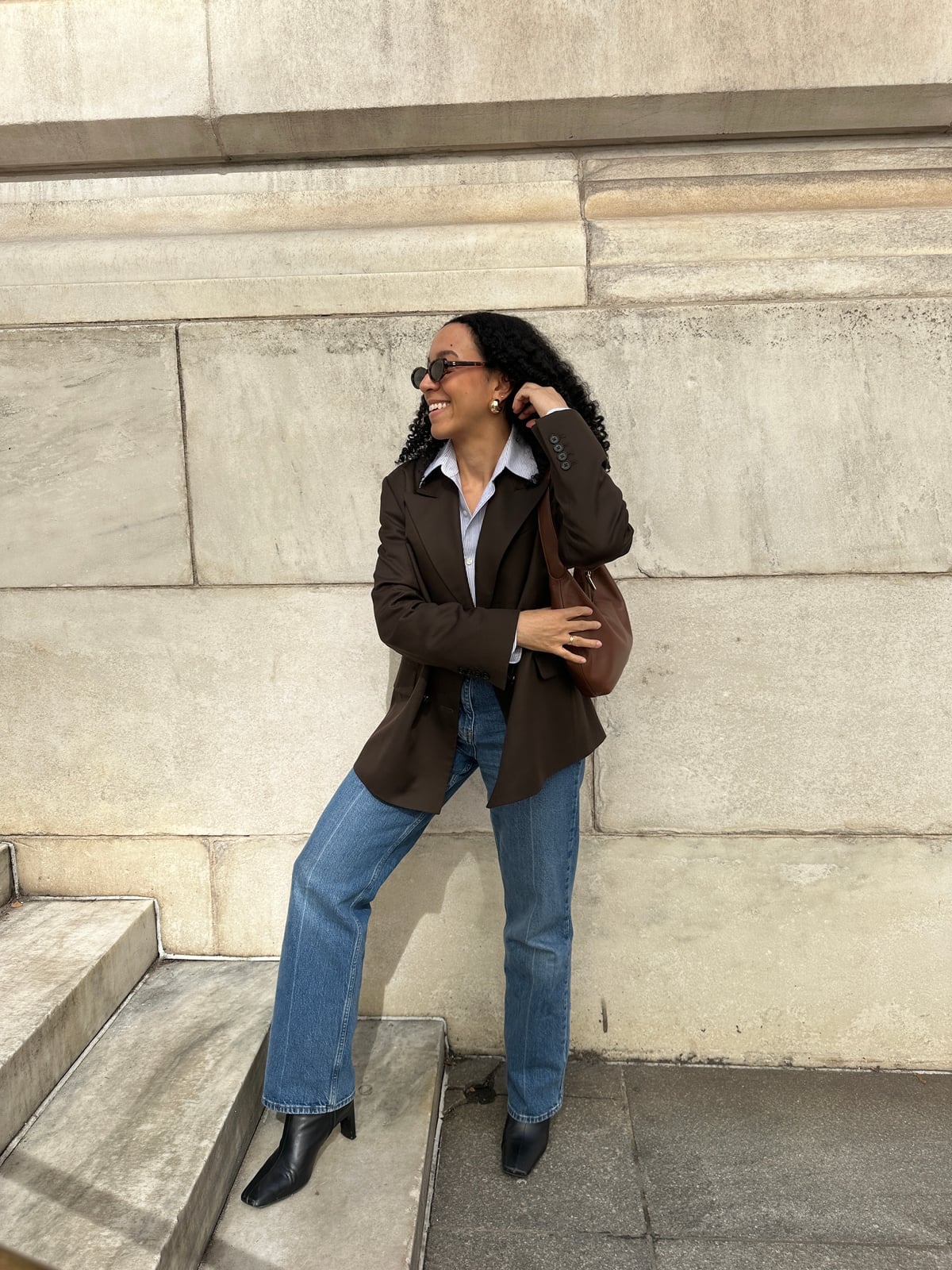 Dark Brown Satin Blazer with White Shirt and Blue Jeans Dark Brown Satin Blazer with White Shirt and Blue Jeans — Chic Brown Blazer Outfit