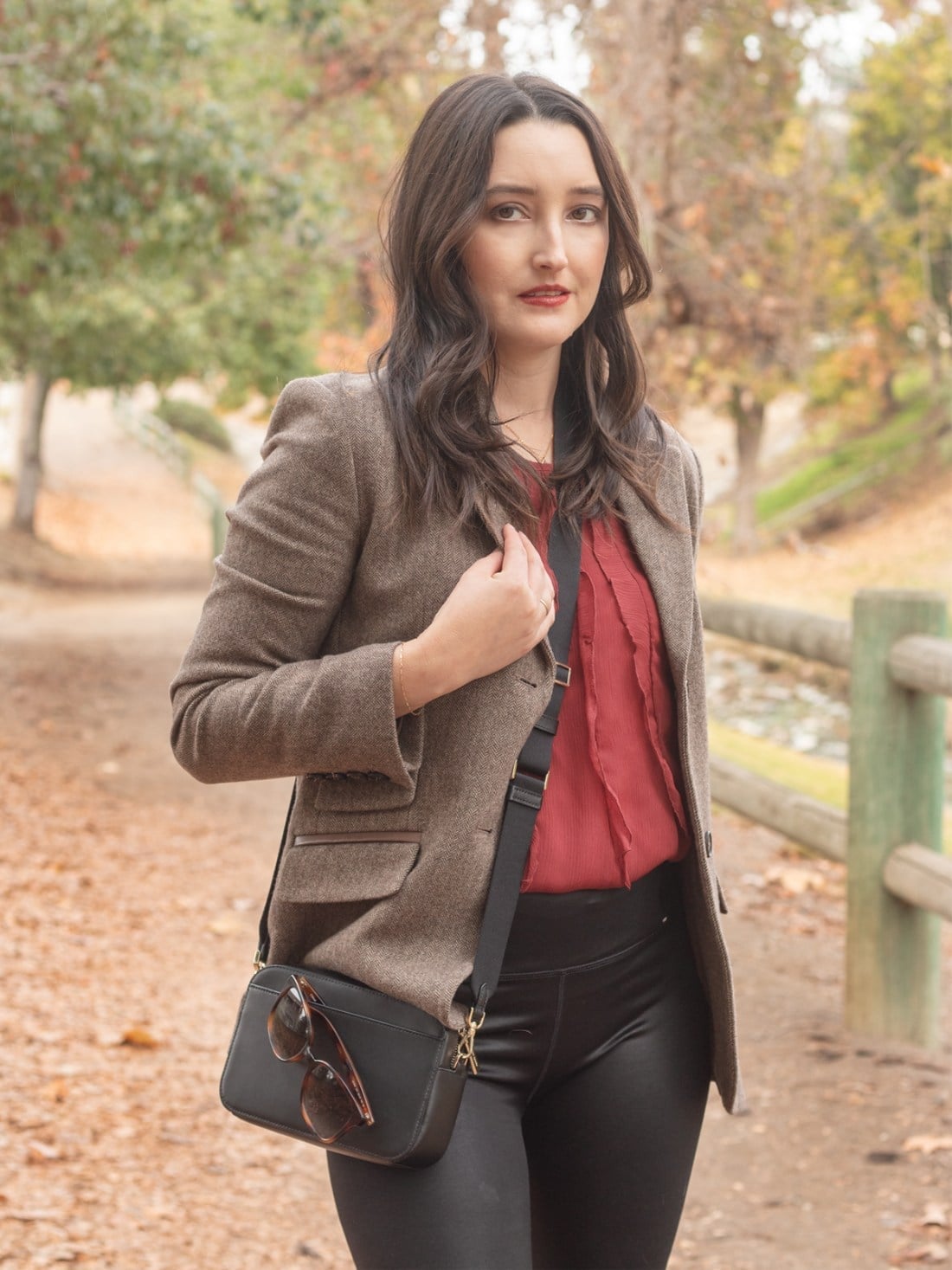 Brown Tweed Blazer with Red Silk Blouse and Black Leggings Brown Tweed Blazer with Red Silk Blouse and Black Leggings — Chic Brown Blazer Outfit