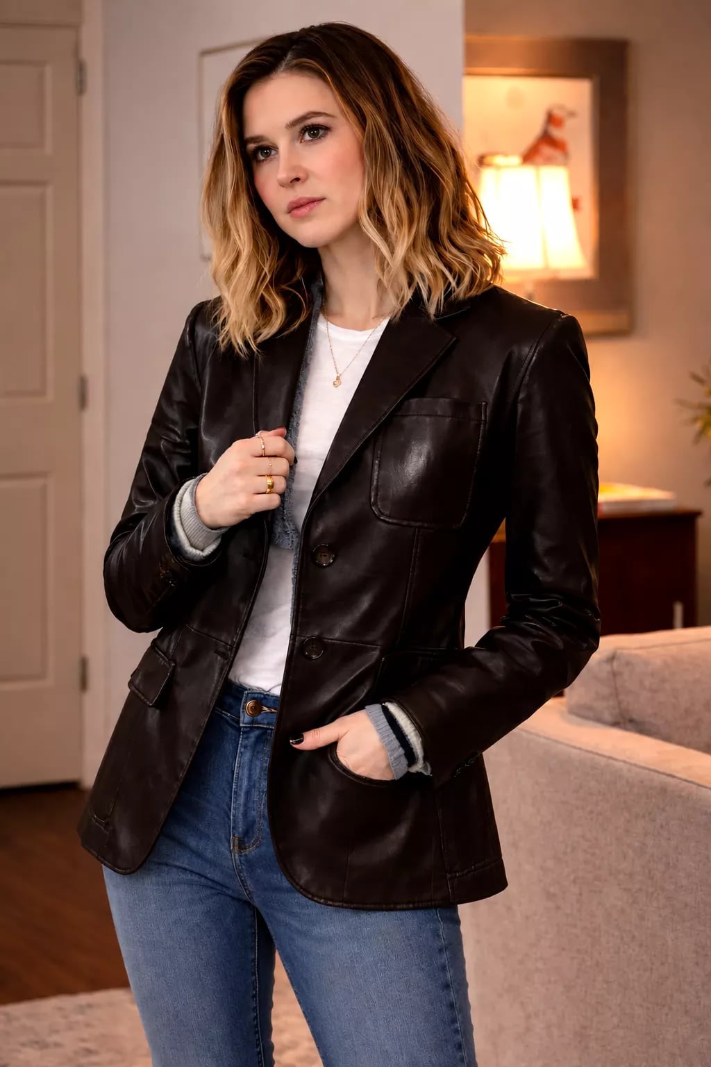 Fitted Brown Leather Blazer with White T-Shirt and Blue Jeans Fitted Brown Leather Blazer with White T-Shirt and Blue Jeans — Chic Brown Blazer Outfit