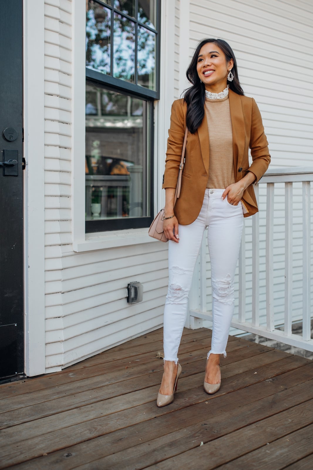 Tan Blazer with Tan Top and White Ripped Skinny Jeans Tan Blazer with Tan Top and White Ripped Skinny Jeans — Chic Brown Blazer Outfit