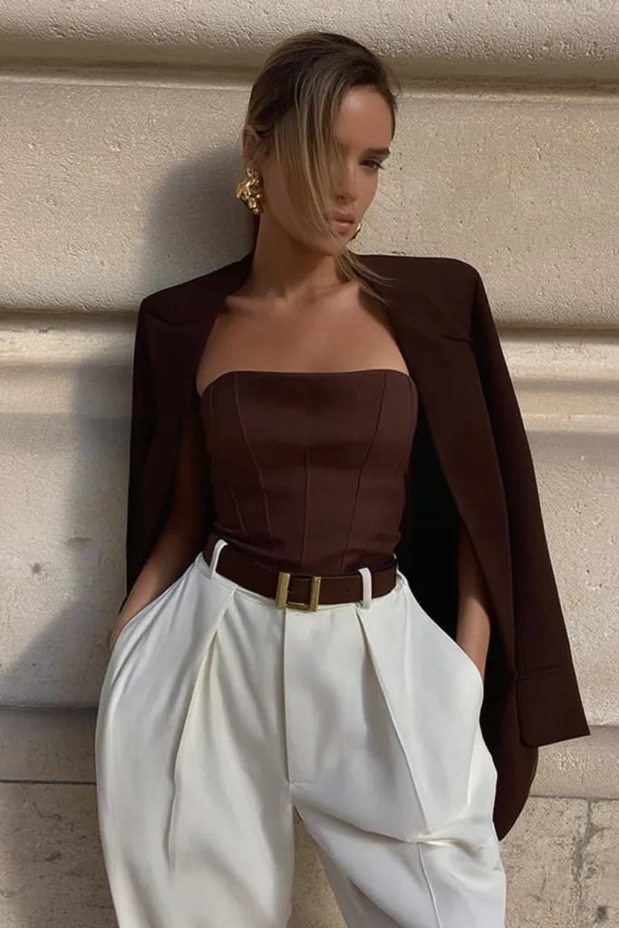 Brown Blazer Draped Over Satin Corset Top and White Pants Brown Blazer Draped Over Satin Corset Top and White Pants — Chic Brown Blazer Outfit