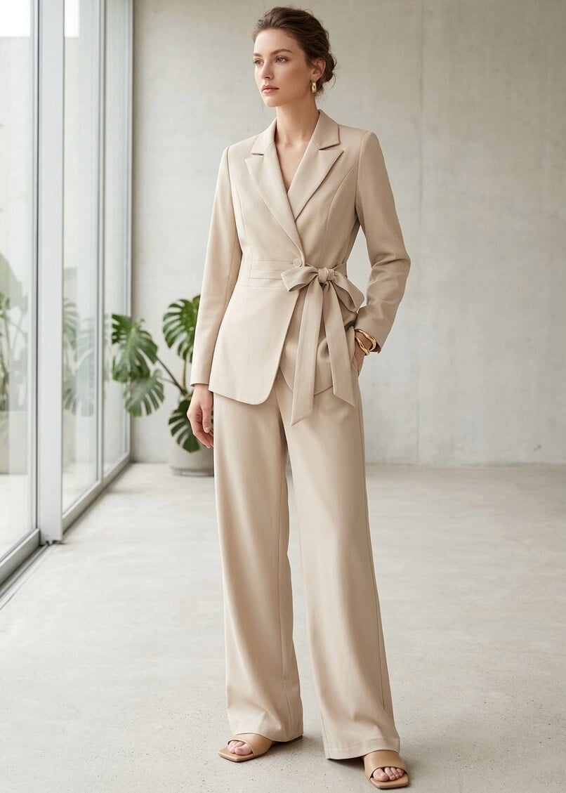 Neutral Beige Monochromatic Suit with Tie-Waist Blazer Neutral Beige Monochromatic Suit with Tie-Waist Blazer — Chic Femme Outfit