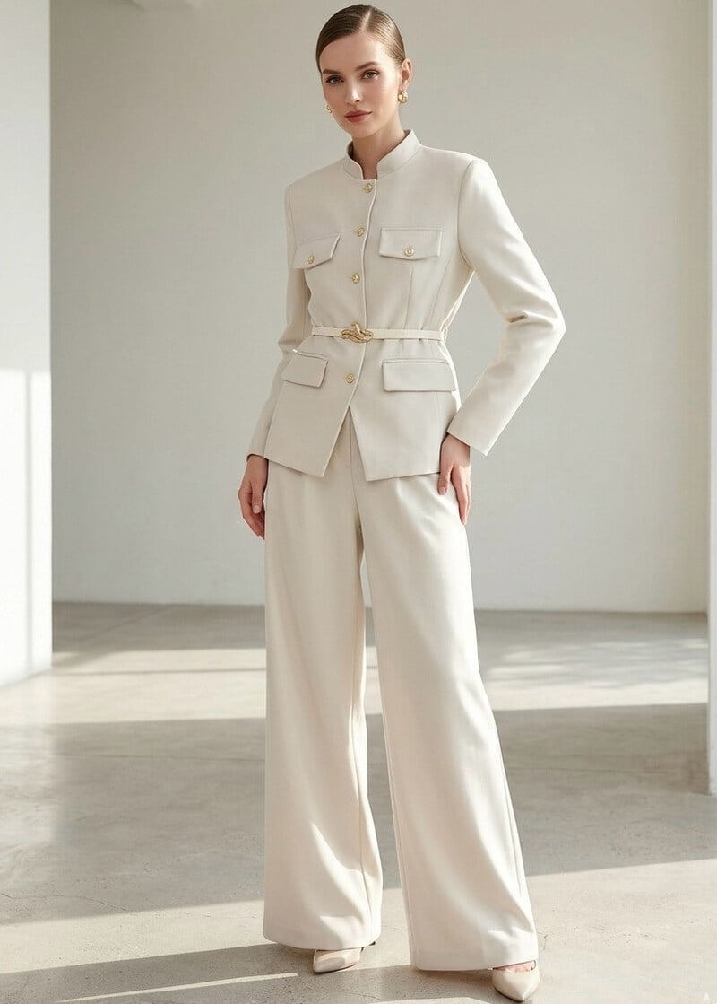 Off-white Monochromatic Pantsuit with Officer Collar Off-white Monochromatic Pantsuit with Officer Collar — Chic Femme Outfit