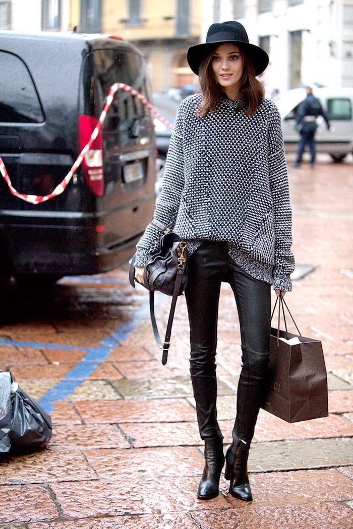 Patterned Knit Sweater with Black Leather Pants Patterned Knit Sweater with Black Leather Pants — Chic Femme Outfit